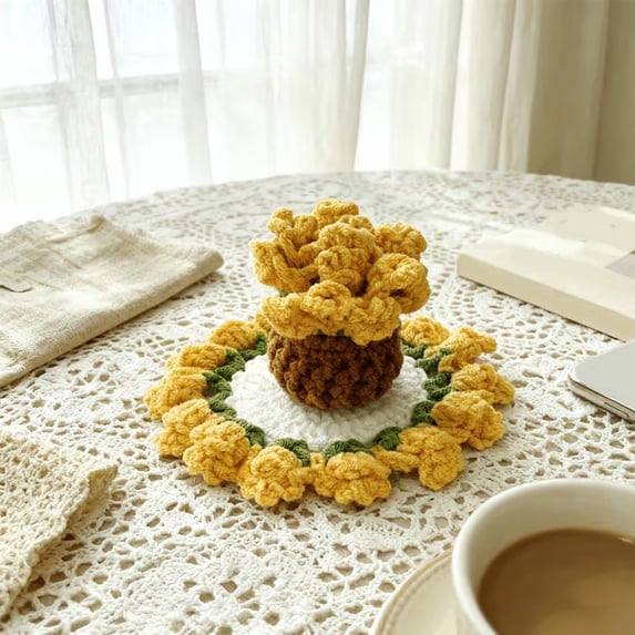 Flower Crochet Coasters, Handmade Bouquet Blanket Coaster with Crochet Plant Pot Fun Soft Decorative Drink Coasters for Coffee Tabletop Protection and Home Decor