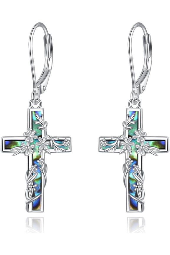 Flower Cross Earrings 925 Sterling Silver Cross Dangle Drop Leverback Religion Jewelry Birthday Gifts for Women