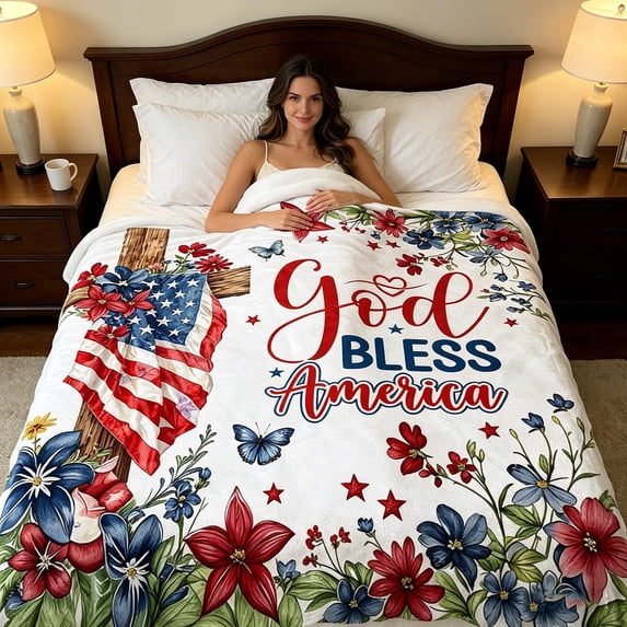 Flower Cross Flag Star Patriotic Throw Blanket, America 250th Anniversary Soft Blankets for Couch Sofa Bed Decor,70.8x90.5 Inch