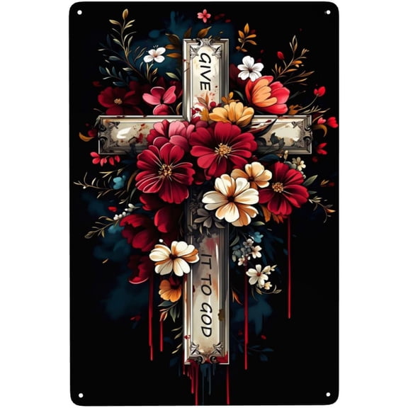 Flower Cross Metal Wall Sign, Vintage Iron Hanging Plaque Decor, 8 x 12 Inch, Pre-Drilled with Rounded Corners