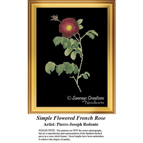 Flower Cross Stitch Pattern, The Black Collection | Simple-Flowered French Rose (Pattern Only, You Provide The Floss and Fabric)