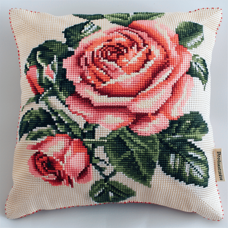Flower Cross Stitch Pillow Cover Kit , 17.72" x 17.72" , Cross Stitch Kits Stamped (11 Count)