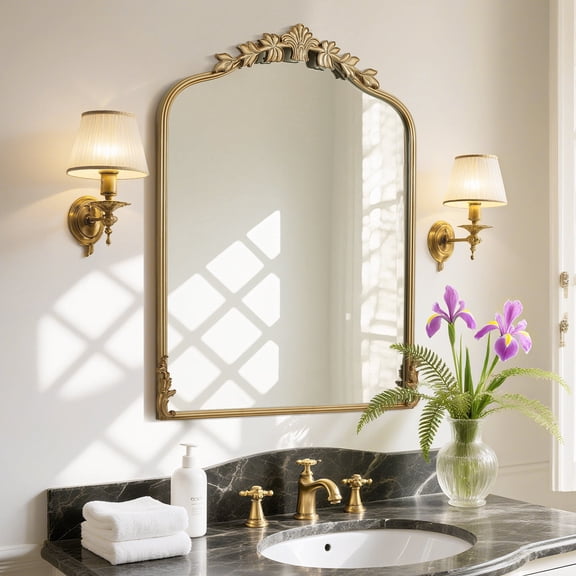Flower Crown Arched Wall Decorative Mirror, Gold, 24x32in