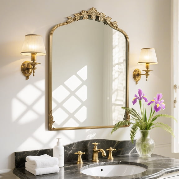 Flower Crown Arched Wall Decorative Mirror, Gold, 24x32in