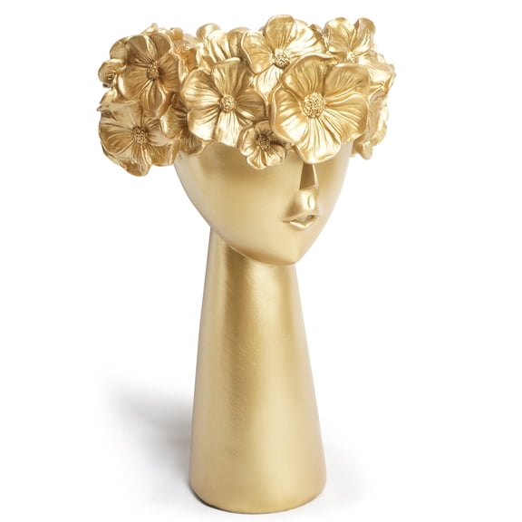 Flower Crown Face Bust s Goldtone Ceramic Cut Flower Arrangement Container Holder Vase, Indoor Outdoor Garden Décor