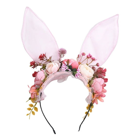 Flower Crown Fairy Style Rabbit Ear Hairband Mesh Floral Playful Bunny Simulation Flower Headband for Women