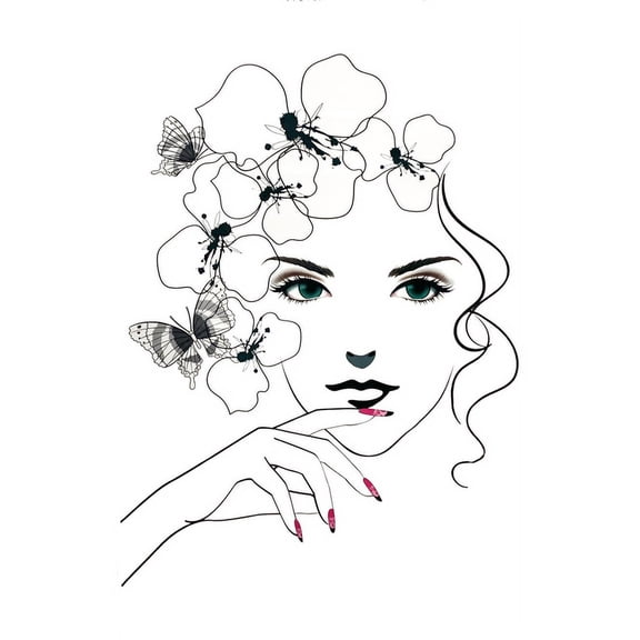Flower Crown Female with Nails Style Easy Peel and Stick DIY Wall Decal Adhesive Sticker for Home, Office, Workplace, Spa, Nail Salon, Beauty Salon, Nursery, Playroom and Classroom Decor