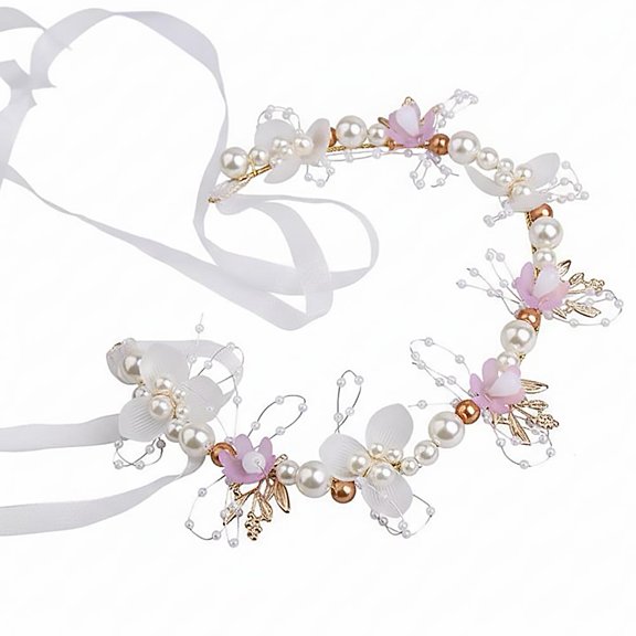 Flower Crown Headband for Kids Pearl Flower Hairband for Little Girls Braided Hair Accessory