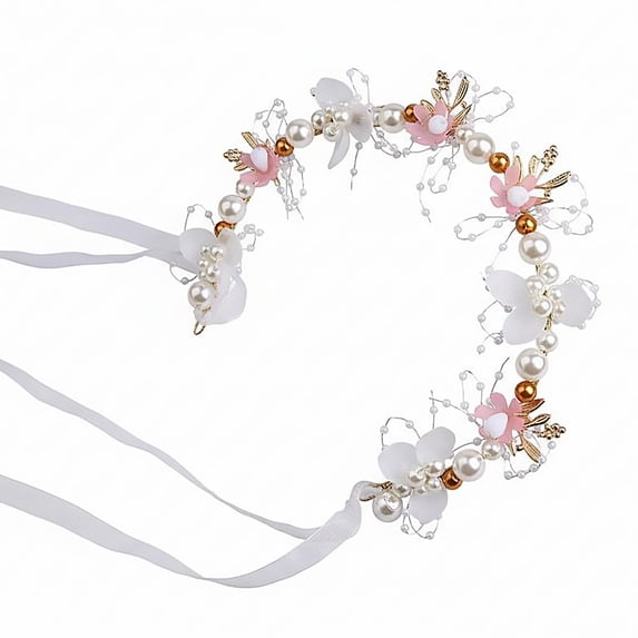 Flower Crown Headband for Kids Pearl Flower Hairband for Little Girls Braided Hair Accessory