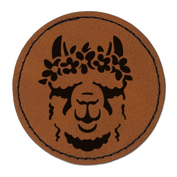 Flower Crown Llama Head 2.5" Faux Leather Round Engraved Iron-On Patch - Brown