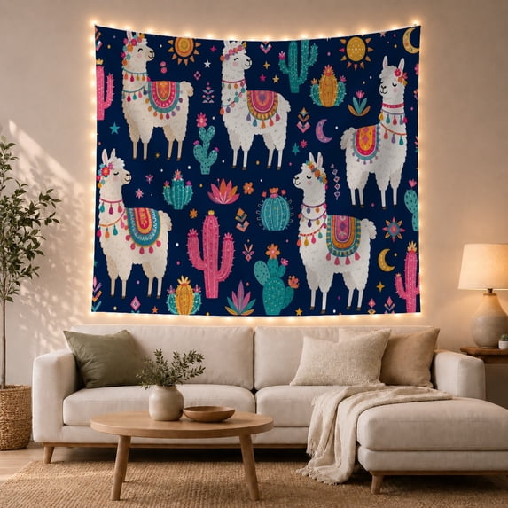 Flower Crown Llamas Among Cacti and Stars, Whimsical Boho for Animal Lovers, Southwestern Desert Decor, Housewarming Gift, Tapestry Wall Hanging for Bedroom and Dorm