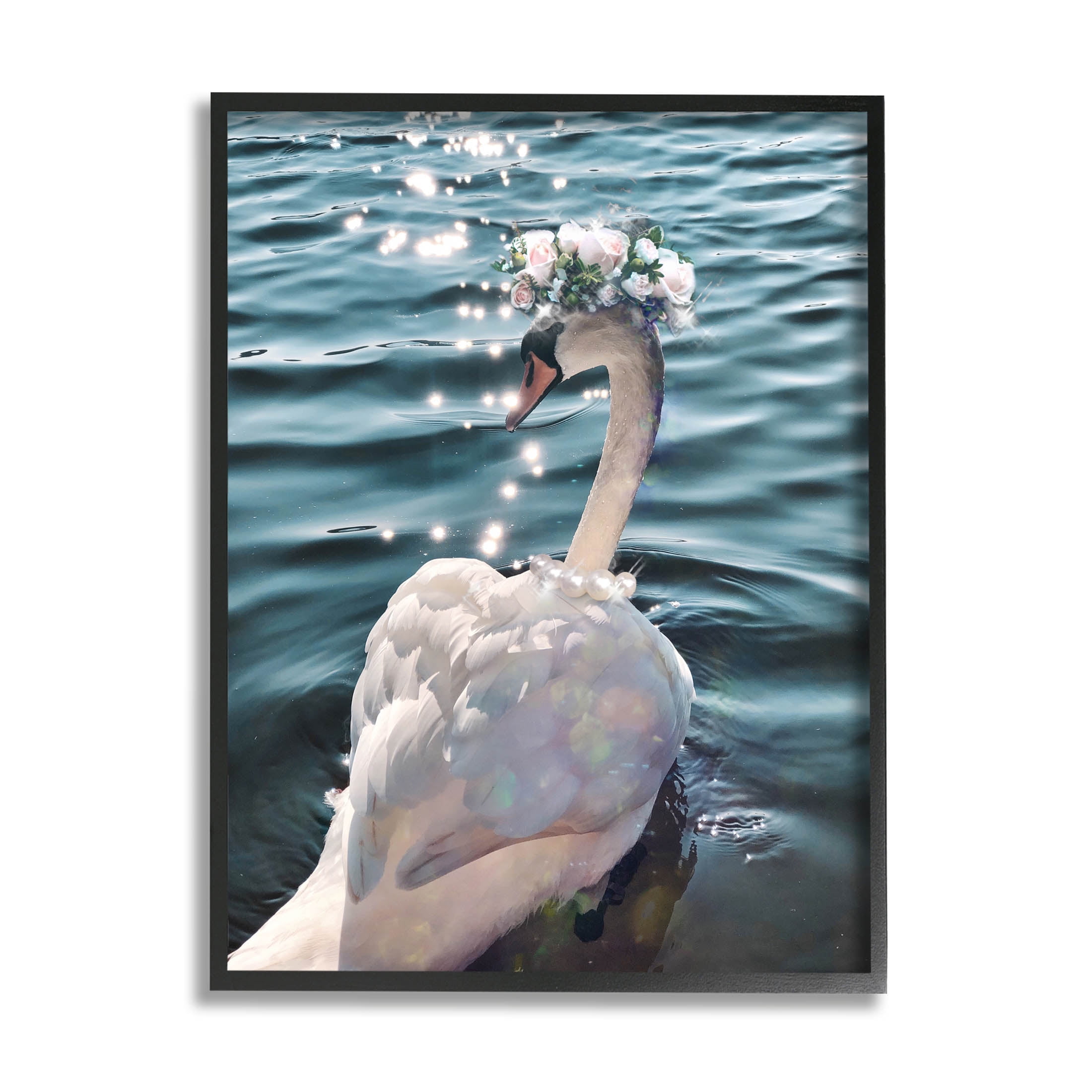 Flower Crown Swan Lake Ripples Animals & Insects Graphic Art Black Framed Art Print Wall Art