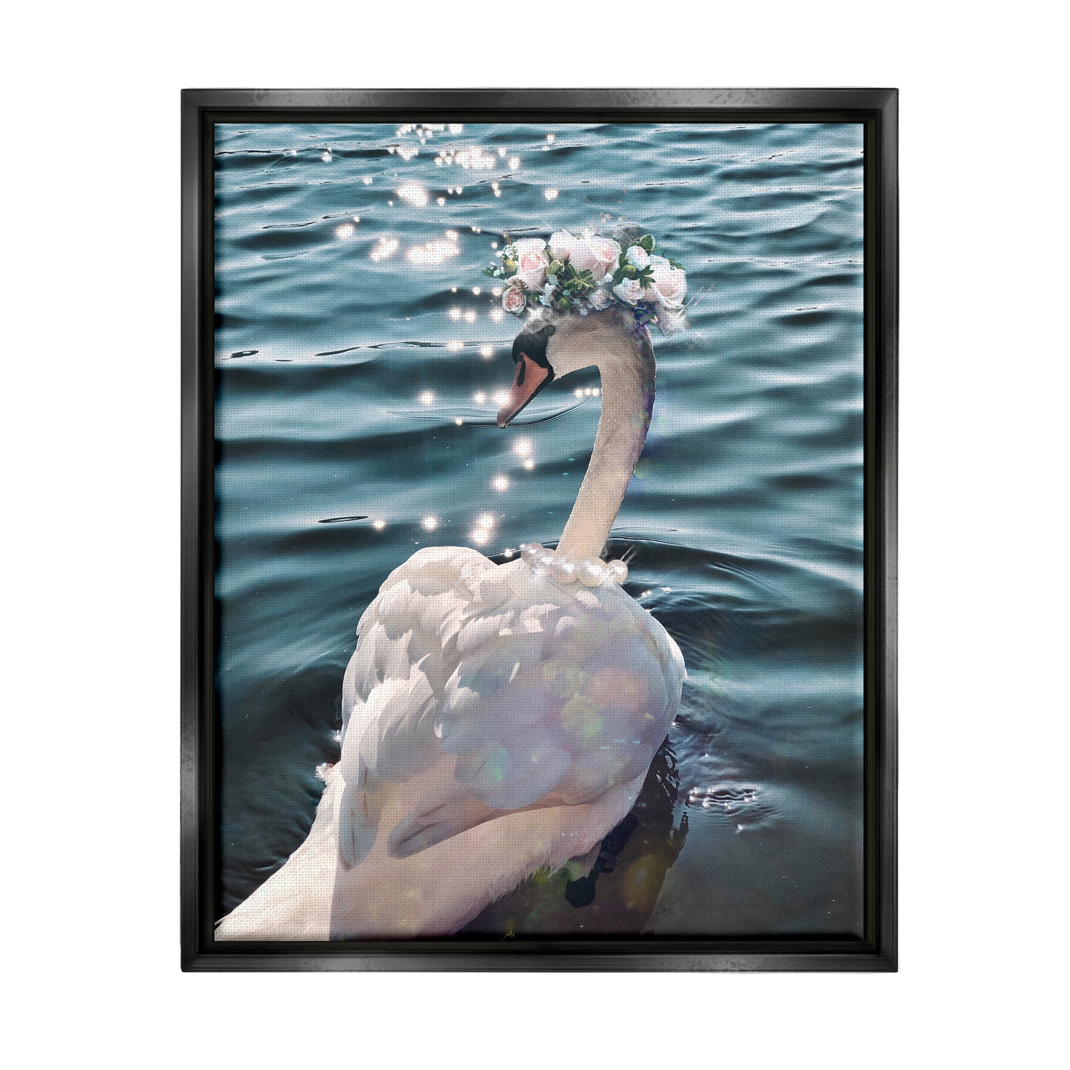 Flower Crown Swan Lake Ripples Animals & Insects Graphic Art Jet Black Framed Art Print Wall Art
