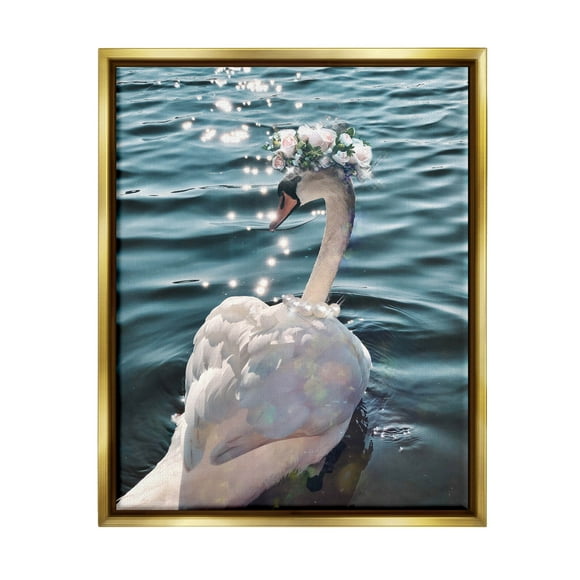 Flower Crown Swan Lake Ripples Animals & Insects Graphic Art Metallic Gold Framed Art Print Wall Art