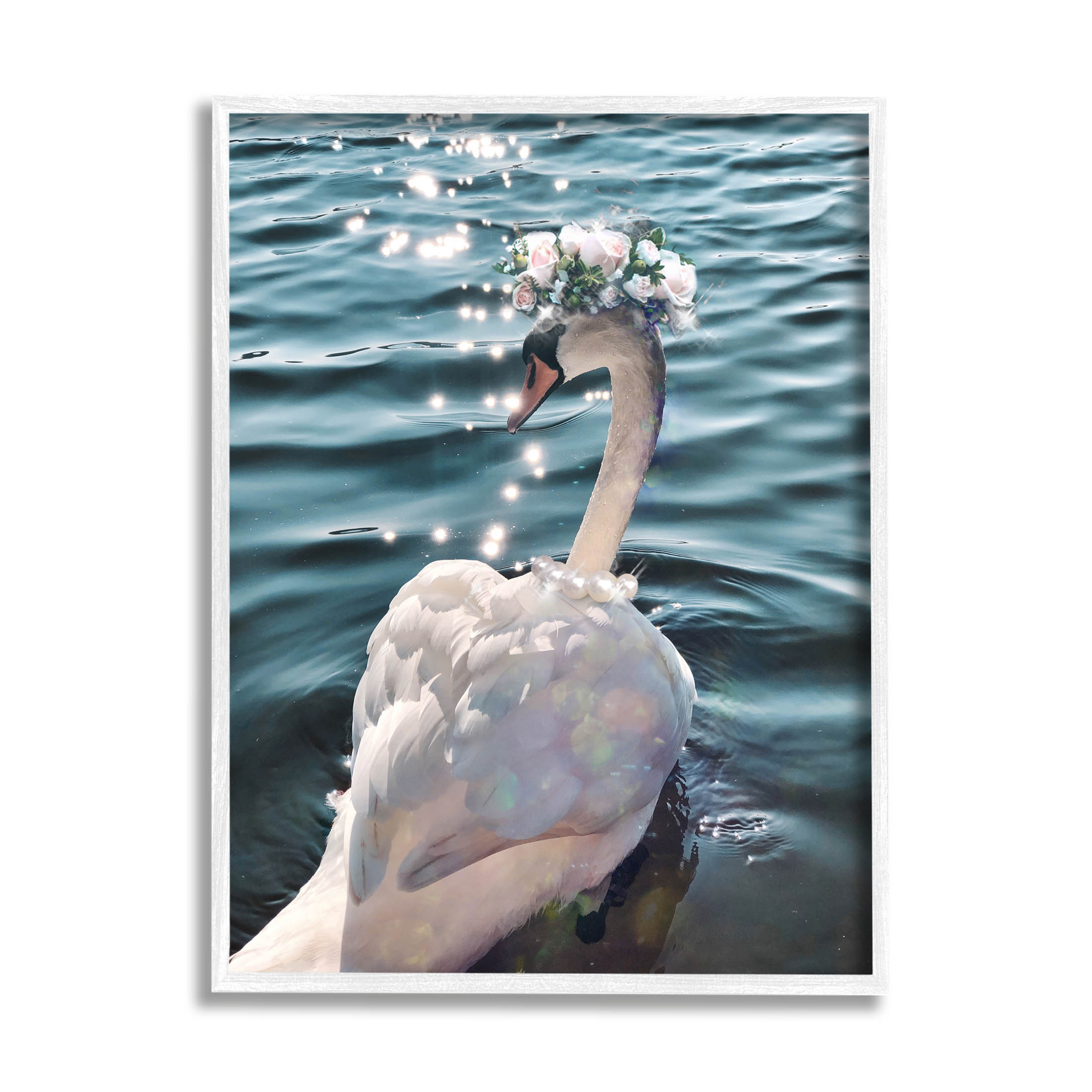 Flower Crown Swan Lake Ripples Animals & Insects Graphic Art White Framed Art Print Wall Art