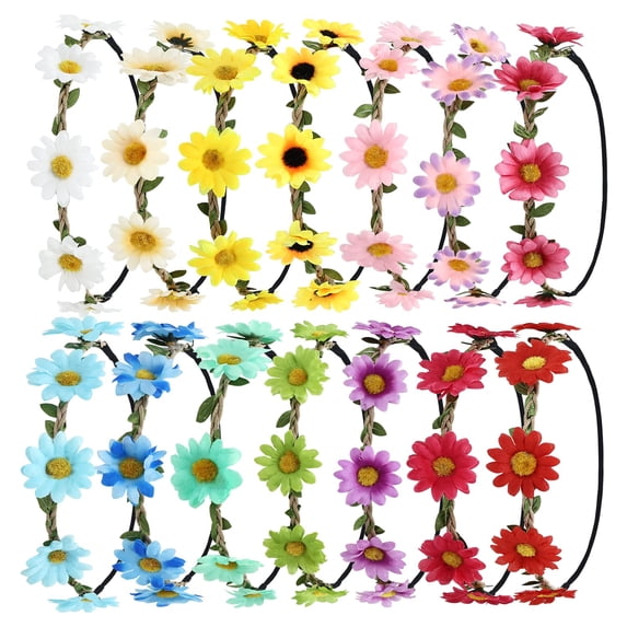 Flower Crowns For Women,12PCS Multicolor Daisy Flower Headband Hippie Headbands For Women Girls With Adjustable Elastic Ribbon Floral Garland Headbands For Festival Wedding Party