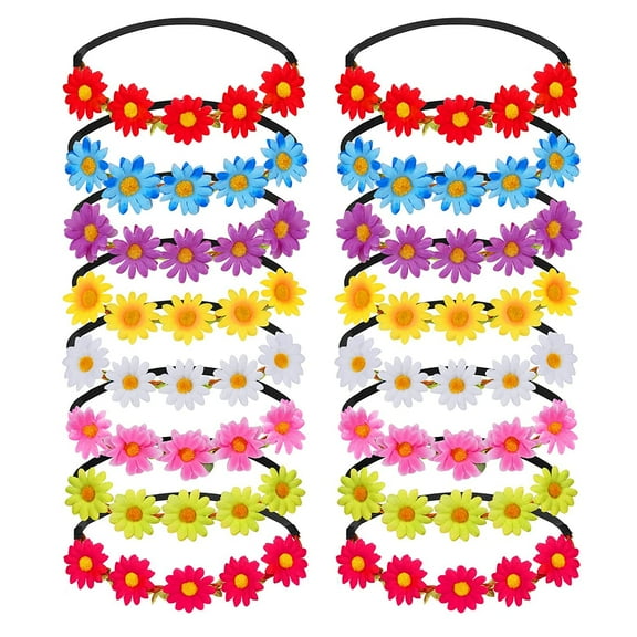 Flower Crowns For Women,16 Pieces Multicolor Daisy Flower Headband Hippie Headbands For Women Girls With Adjustable Elastic Ribbon Floral Garland Headbands For Festival Wedding Party
