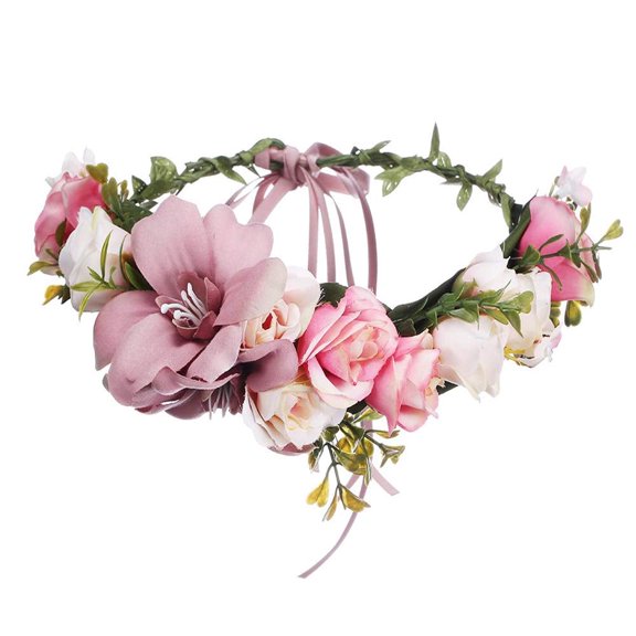 Flower Crowns for Women and Adults Floral Headpiece Handmade Adjustable Boho Artificial Flowers with Ribbon-lightpink