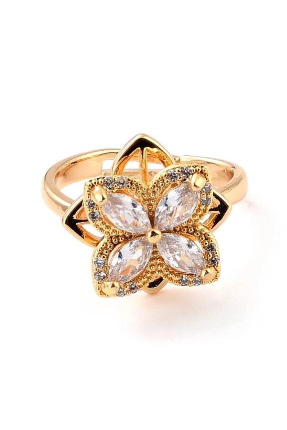 Flower Cubic Zirconia Rotatable Cuff Ring for Calming Worry Meditation Brass Cubic Zirconia Fidget Spinner Open Ring Golden US Size 7(17.3mm)