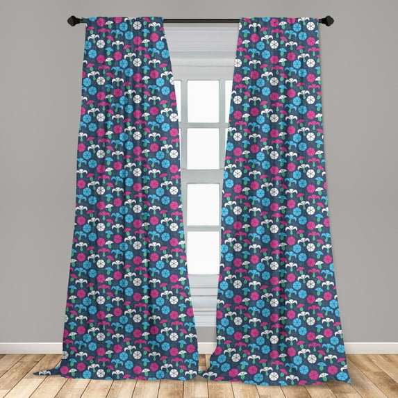 Flower Curtains 2 Panels Set, Colorful Silhouettes of Bindweed with Ornate Swirls and Curls on a Dark Background, Window Drapes for Living Room Bedroom, 56"W X 84"L, Multicolor, by Ambesonne