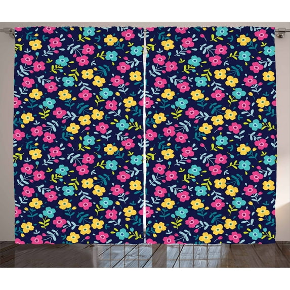 Flower Curtains 2 Panels Set, Colorful Summer Blossom Romantic Feminine Petals Fashion Vintage Floral Pattern, Window Drapes for Living Room Bedroom, 108W X 84L Inches, Multicolor, by Ambesonne