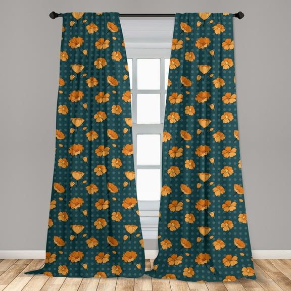 Flower Curtains 2 Panels Set, Floral Pattern with Petals and Buds on Polka Dots, Window Drapes for Living Room Bedroom, 56"W X 84"L, Dark Teal Orange, by Ambesonne
