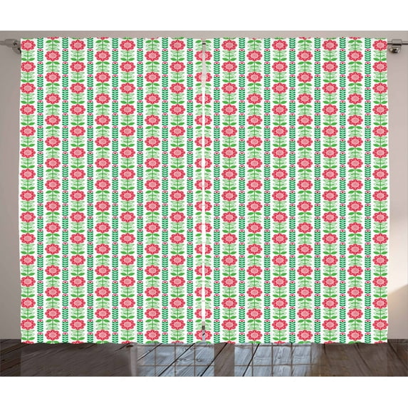 Ambesonne Flower Curtains 2 Panel Set, Nordic Style Flourish Leaves, 108" x 108", Apple Green Vermilion
