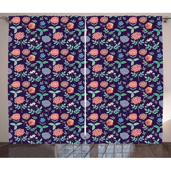 Flower Curtains 2 Panels Set, Spring Foliage Romantic Bouquet of Flowers Such as Bunch of Roses Colorful Jasmines, Window Drapes for Living Room Bedroom, 108W X 84L Inches, Multicolor, by Ambesonne