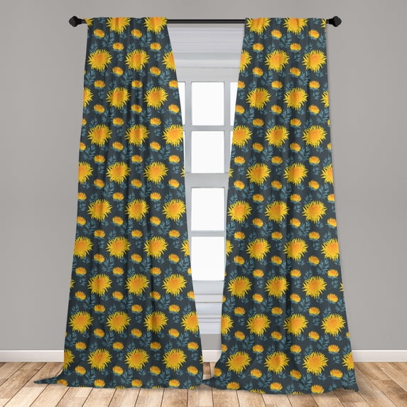Flower Curtains 2 Panels Set, Yellow Chrysanthemum Blossoms on Dark Backdrop Natural Ornament, Window Drapes for Living Room Bedroom, 56"W X 95"L, Charcoal Grey Orange, by Ambesonne