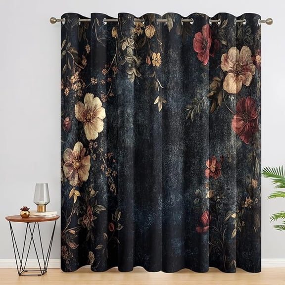 Flower Curtains - Moody Floral Blackout Curtains, Flower Vintage Window Treatments, Farmhouse Home Decor Drapes 26"W x 45"L (Pack of 2)