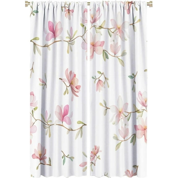 Flower Curtains Watercolor Pink Peach Blossom Leaves Nature Spring Pattern Blackout Print Rod Pocket Window Drapes for Bedroom Living Room 42x63in