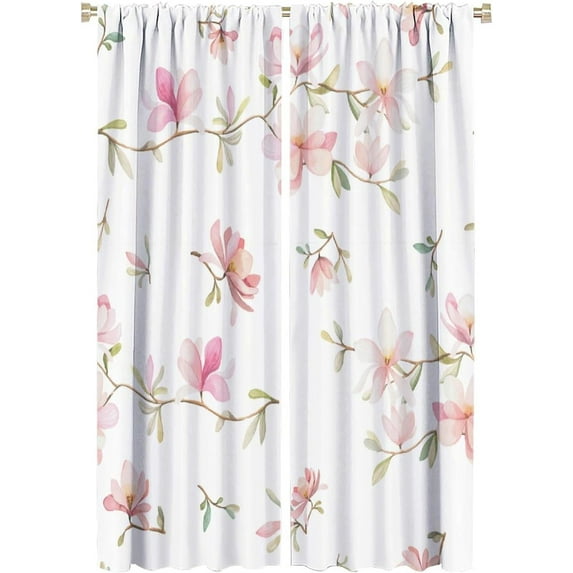 Flower Curtains Watercolor Pink Peach Blossom Leaves Nature Spring Pattern Blackout Print Rod Pocket Window Drapes for Bedroom Living Room 52x84in