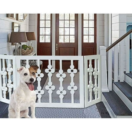 Freestanding Dog Gate Expandable Decorative Wooden Fence for Small to Medium Pet Dogs, Barrier for Stairs, Doorways, & Hallways