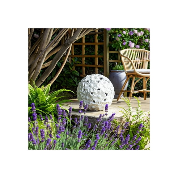 Flower Cut-Out Garden Orb Outdoor Decor - Perfect Garden Accent for Front Porch, Patio, and Yard Decor - Decorative Garden Statuary Yard Art and Decor for Home Landscaping Accents - 11", White