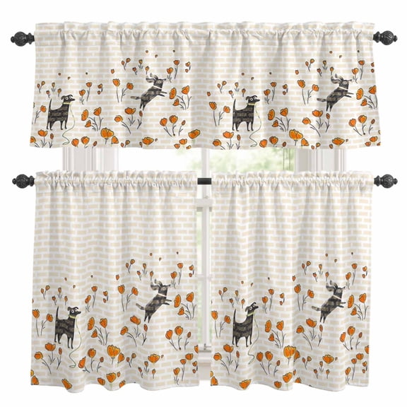 Flower Cute Kitchen Curtains Set for Windows, Black Dog Brick Wall Curtains Valance and Tier 3 Piece Set Small Drapes 24 Inch Length for Kitchen Bedroom Decor