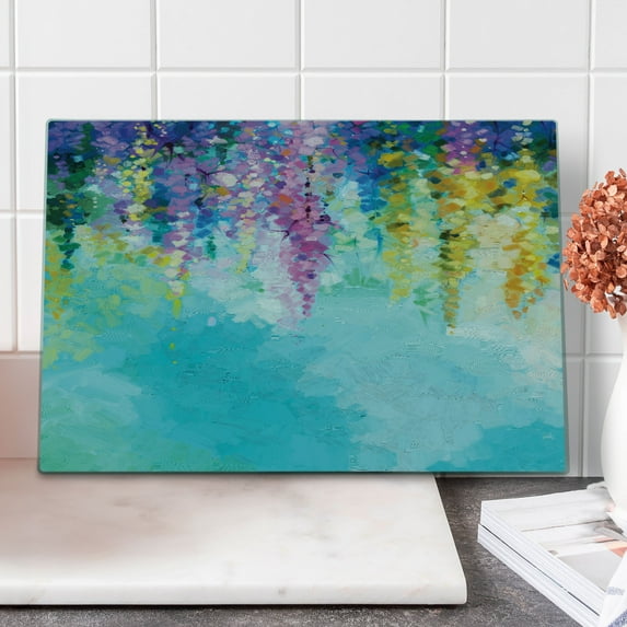 Flower Cutting Board, Abstract Ivy Romantic and Landscape Spring Floral Art Nature Theme, Decorative Tempered Glass Cutting and Serving Board, Large Size, Multicolor, by Ambesonne