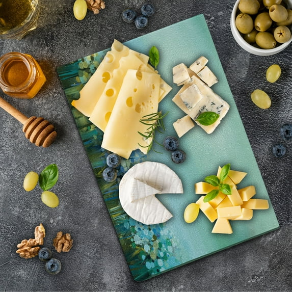 Flower Cutting Board, Aqua Impressionist Depiction of a Field Paint with Blooms Tranquil Concept Print, Decorative Tempered Glass Cutting and Serving Board, Small Size, Pale Blue, by Ambesonne