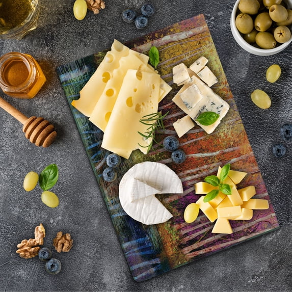 Flower Cutting Board, Autumn Trees Along Lake Fall in Jungle Natural Paradise Best Places in Earth, Decorative Tempered Glass Cutting and Serving Board, Small Size, Grink Purple, by Ambesonne