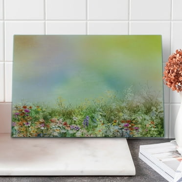 Flower Cutting Board, Cosmos Daisy Cornflower Wildflower Dandelion in Floral Meadow Drawing of Nature, Decorative Tempered Glass Cutting and Serving Board, Large Size, Multicolor, by Ambesonne