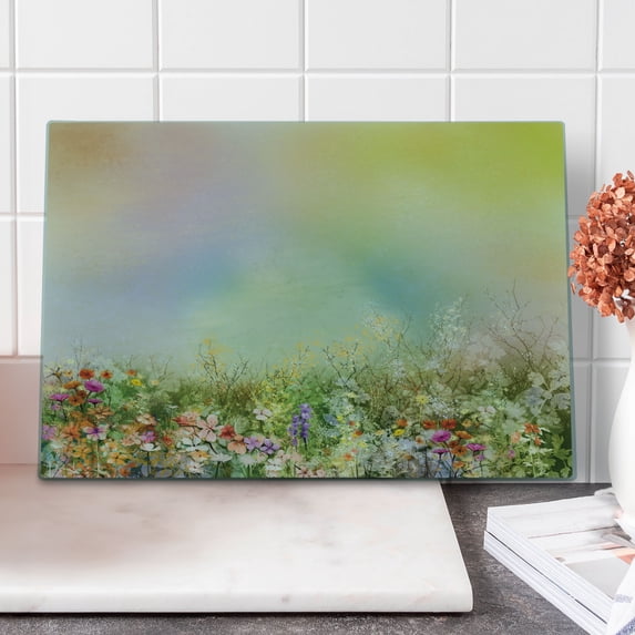 Flower Cutting Board, Cosmos Daisy Cornflower Wildflower Dandelion in Floral Meadow Drawing of Nature, Decorative Tempered Glass Cutting and Serving Board, Large Size, Multicolor, by Ambesonne