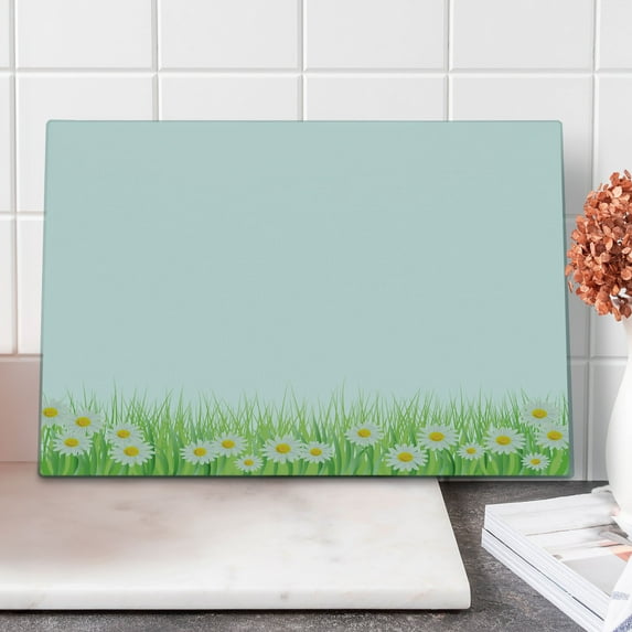Flower Cutting Board, Daisies in the Grass on Plain Background Modern Floral Print Country Style, Decorative Tempered Glass Cutting and Serving Board, Large Size, Green White Yellow, by Ambesonne