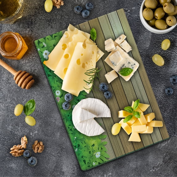 Flower Cutting Board, Daisy Leafs and Water Droplets Wood Fence Spring Nature Themed Computer Drawing, Decorative Tempered Glass Cutting and Serving Board, Small Size, Green Brown, by Ambesonne