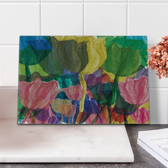 Flower Cutting Board, Fine Art Painting of Creative Garden Coloful Tulip Flowers in Watercolor Style Print, Decorative Tempered Glass Cutting and Serving Board, in 3 Sizes, by Ambesonne