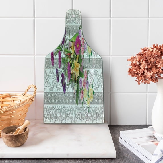 Flower Cutting Board, Fresh Colorful Spring Bouquet on Neutral Vintage Ornaments, Decorative Tempered Glass Cutting and Serving Board, in 3 Sizes, by Ambesonne