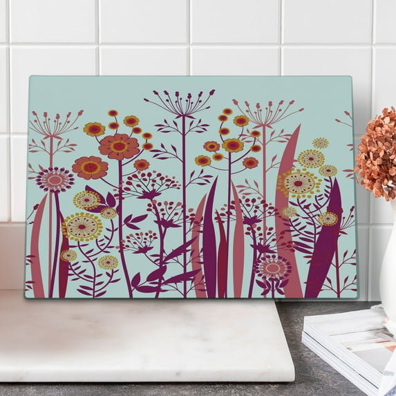 Flower Cutting Board, Garden Pink Florals Buds Leaves Swirls Romantic Modern Art, Decorative Tempered Glass Cutting and Serving Board, Large Size, Pale Pink Orange, by Ambesonne