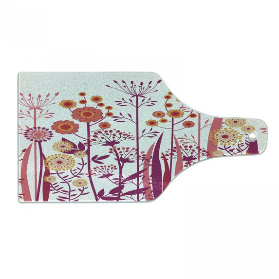 Flower Cutting Board, Garden Pink Florals Buds Leaves Swirls Romantic Modern Art, Decorative Tempered Glass Cutting and Serving Board, Wine Bottle Shape, Pale Pink Orange, by Ambesonne