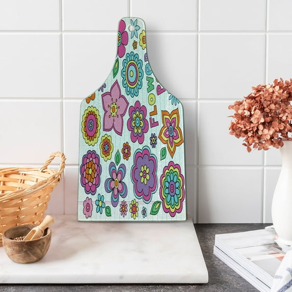 Flower Cutting Board, Groovy Psychedelic Hand Drawn Notebook Doodle Design Elements Flower Power Words, Decorative Tempered Glass Cutting and Serving Board, in 3 Sizes, by Ambesonne