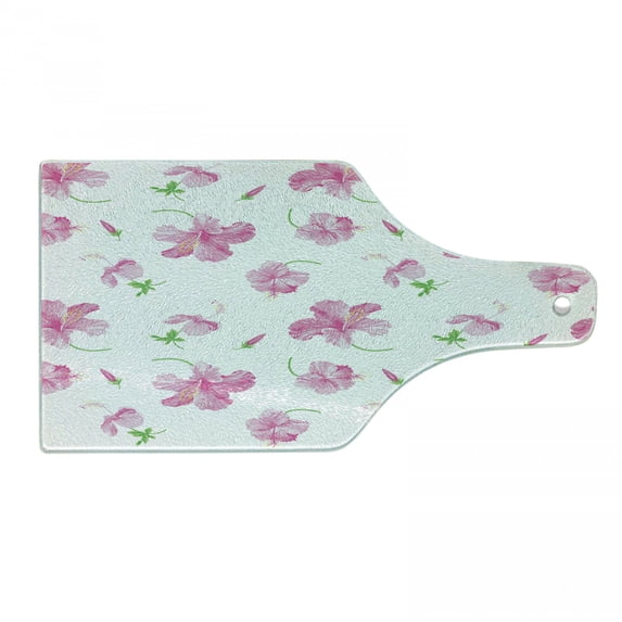 Flower Cutting Board, Hibiscus Bloom Flowers on a Plain Background with Floral Patterns in Country Style, Tempered Glass Cutting and Serving Board, Wine Bottle Shape, Pink White, by Ambesonne