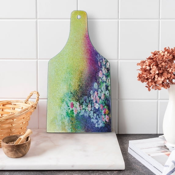 Flower Cutting Board, Ivy Floral Beauty in Spring Blooming Nature Soft Calm Paradise Print, Tempered Glass Cutting and Serving Board, Wine Bottle Shape, Purple Yellow Multicolor, by Ambesonne