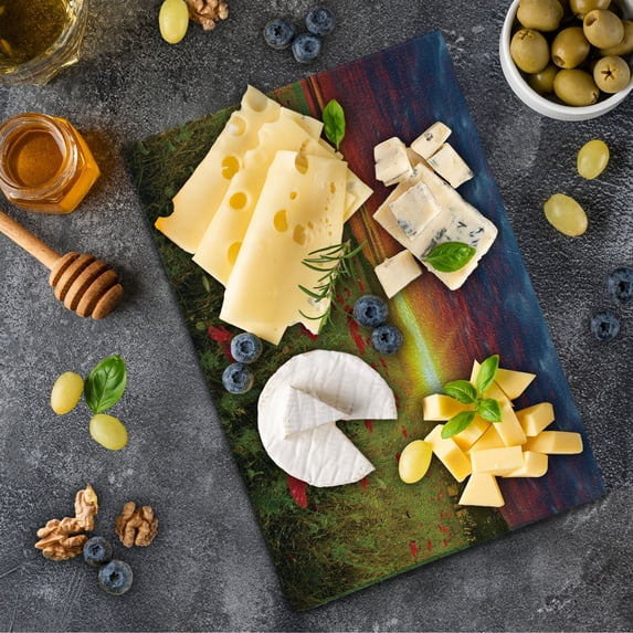 Flower Cutting Board, Meadow with Grass and Poppies Dark Dramatic Sky in the Background, Decorative Tempered Glass Cutting and Serving Board, Small Size, Green Scarlet Cadet Blue, by Ambesonne
